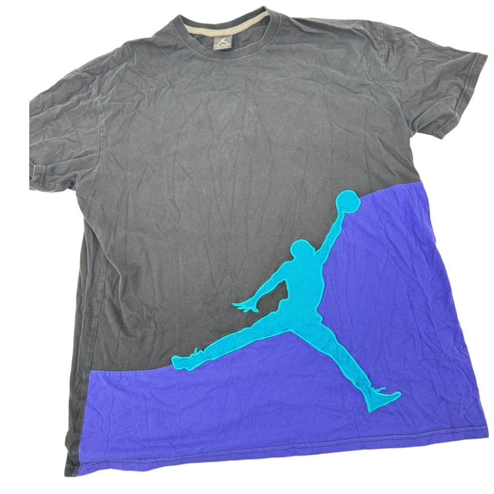 Jordan‎ Brand T-Shirt Mens XXL Black Purple Teal Colorblock Jumpman Patch